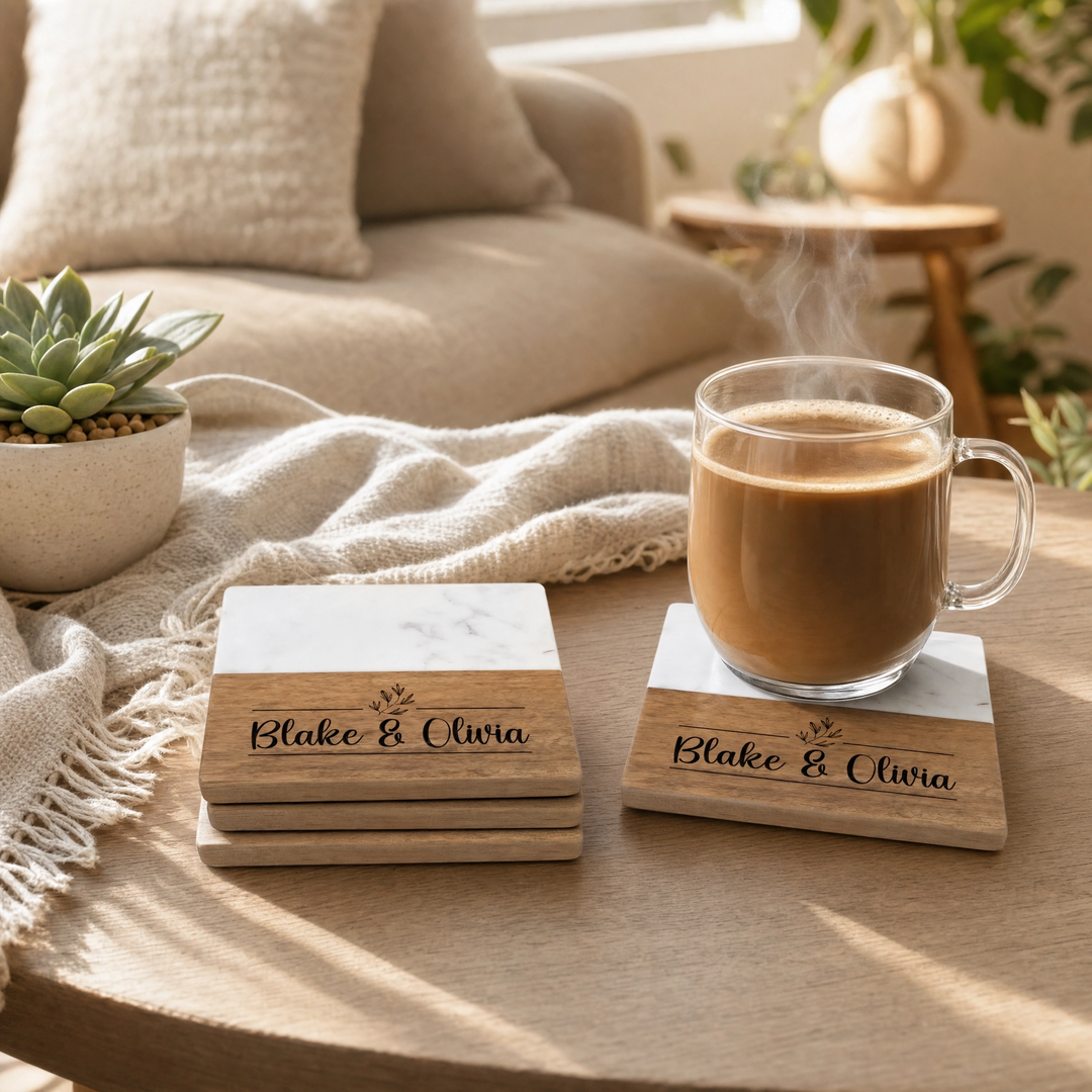 Personalized Marble & Wood Coaster Set with Gold Holder | Custom Real Estate Closing Gift