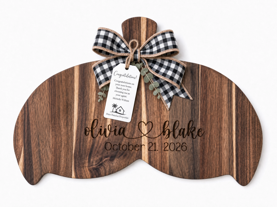 Personalized Whale Tail Acacia Wood Serving Board | Real Estate Closing Gift