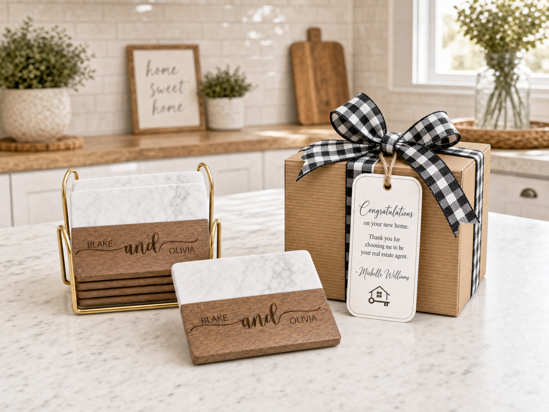 Personalized Marble & Wood Coaster Set with Gold Holder | Custom Real Estate Closing Gift
