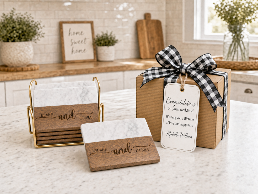 Personalized Wood & Marble Coasters | Custom Wedding Gift for Couples (Set of 4)