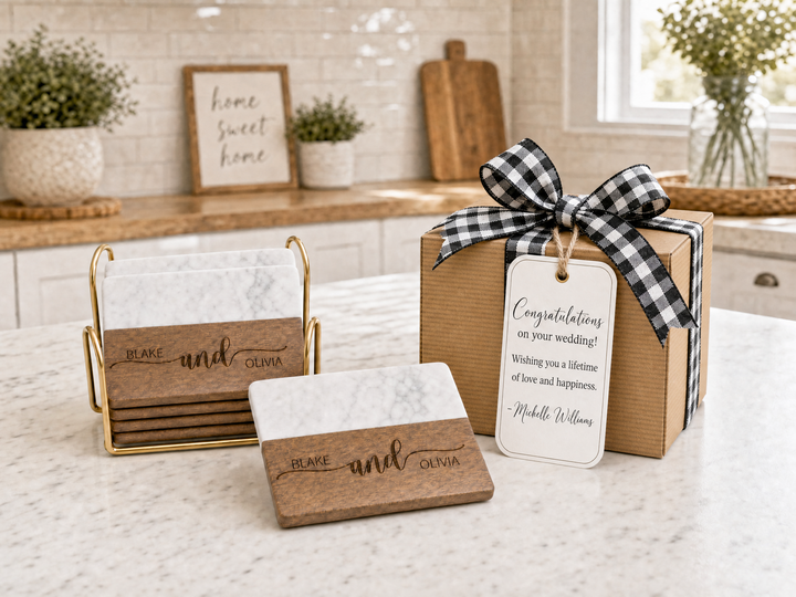 Personalized Wood & Marble Coasters | Custom Wedding Gift for Couples (Set of 4)