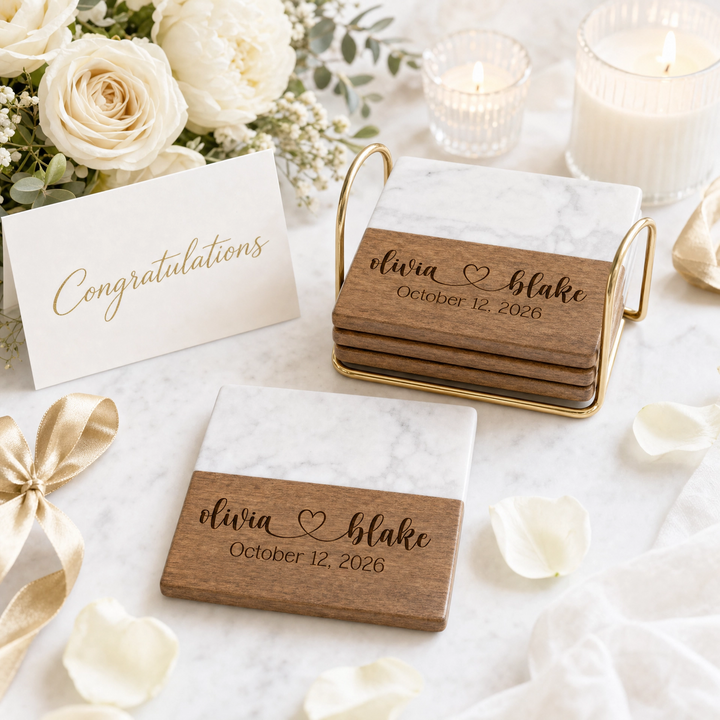 Personalized Marble & Wood Coaster Set with Gold Holder | Custom Real Estate Closing Gift