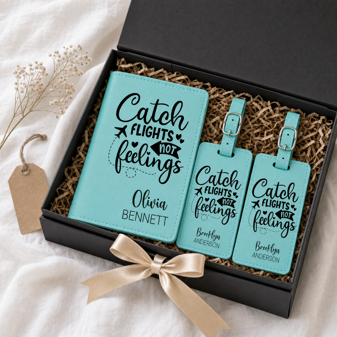 Personalized Passport Holder | "Catch Flights Not Feelings" Engraved Travel Cover