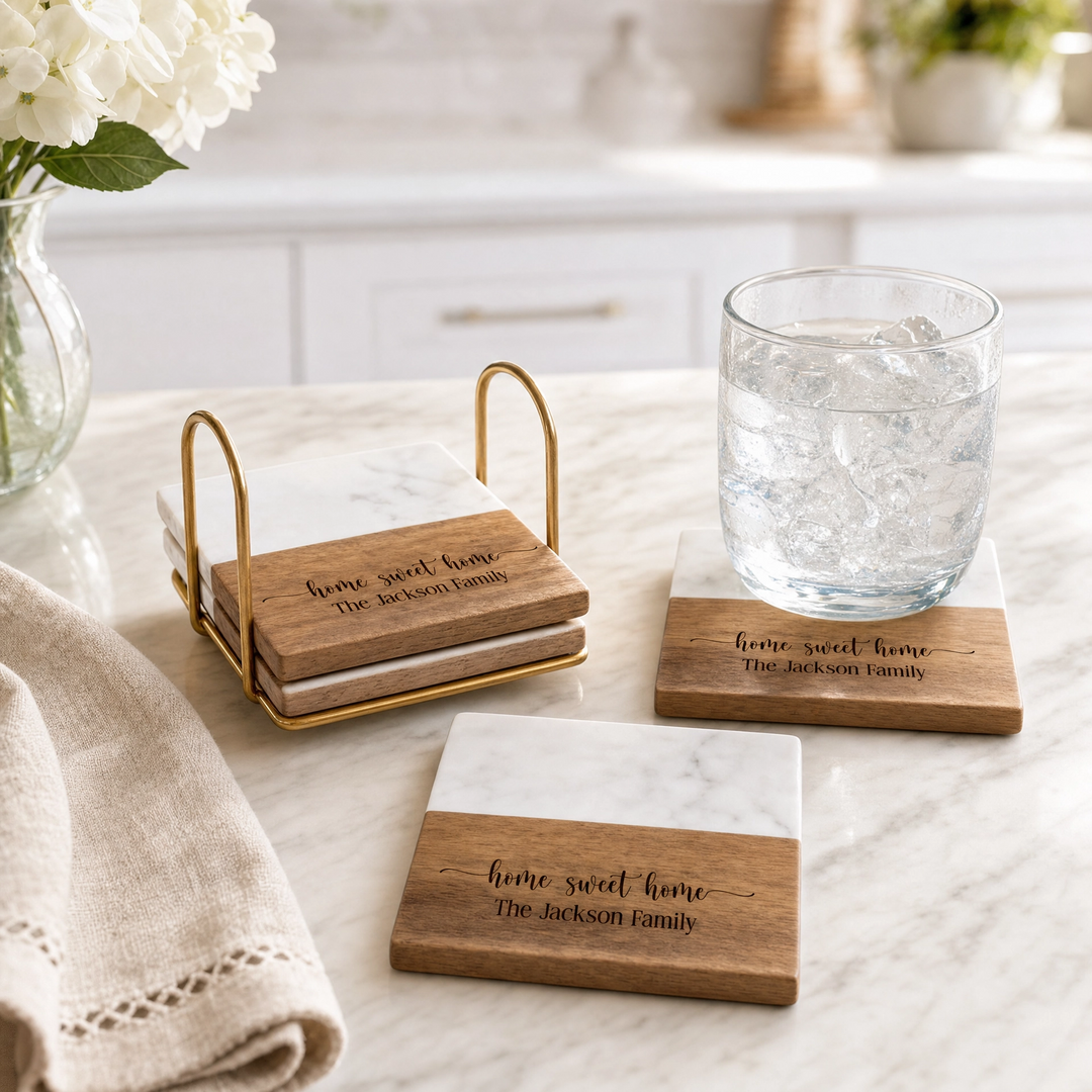Personalized Marble & Wood Coaster Set with Gold Holder | Custom Real Estate Closing Gift