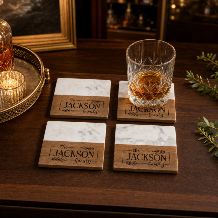 Personalized Marble & Wood Coaster Set with Gold Holder | Custom Real Estate Closing Gift