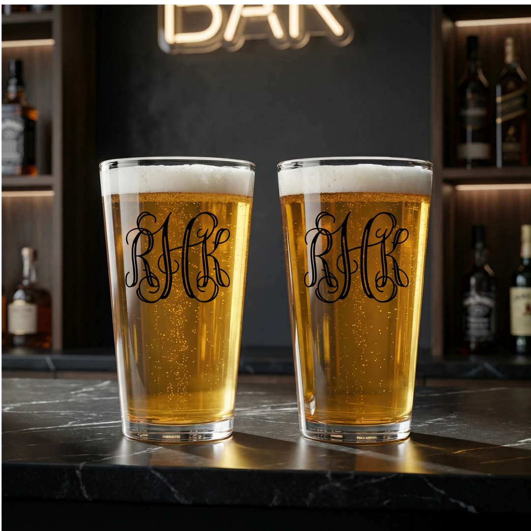 Personalized Vine Monogram Pint Glass | Custom 16 oz Beer Glass