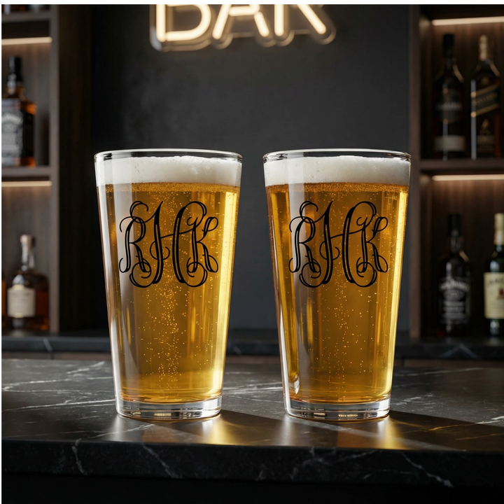 Personalized Vine Monogram Pint Glass | Custom 16 oz Beer Glass
