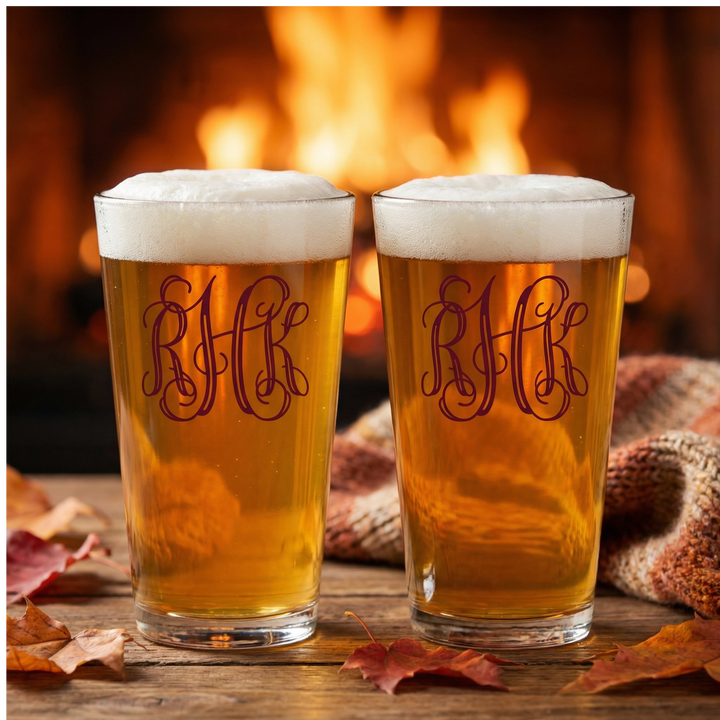 Personalized Vine Monogram Pint Glass | Custom 16 oz Beer Glass