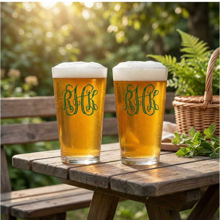 Personalized Vine Monogram Pint Glass | Custom 16 oz Beer Glass