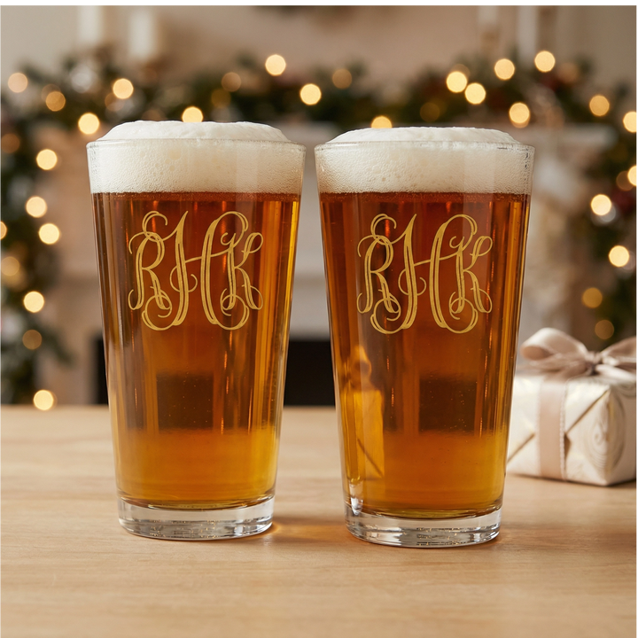 Personalized Vine Monogram Pint Glass | Custom 16 oz Beer Glass