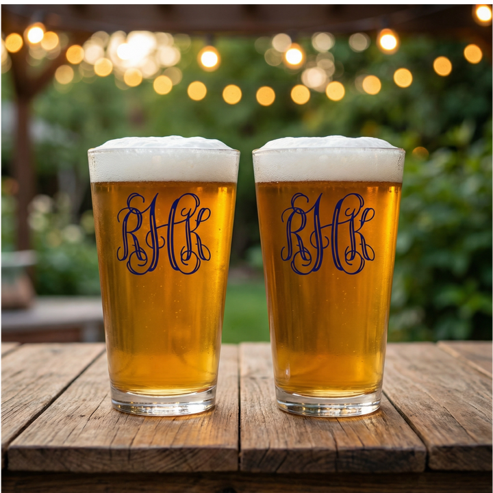 Personalized Vine Monogram Pint Glass | Custom 16 oz Beer Glass