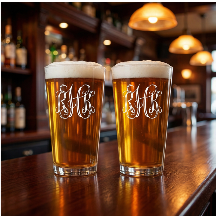 Personalized Vine Monogram Pint Glass | Custom 16 oz Beer Glass