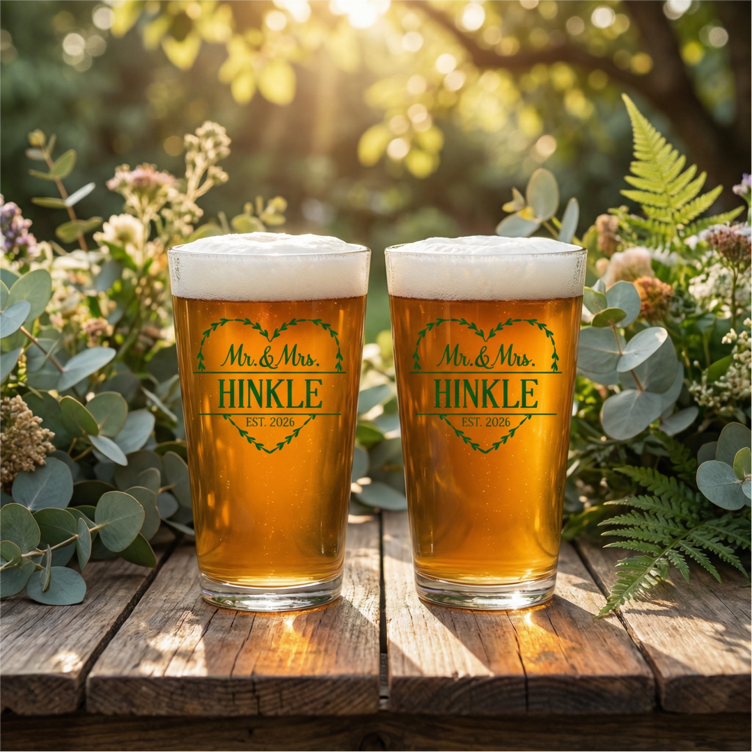 Personalized Heart Mr. & Mrs. Pint Glass Set | Custom Last Name Beer Glasses with Est. Date