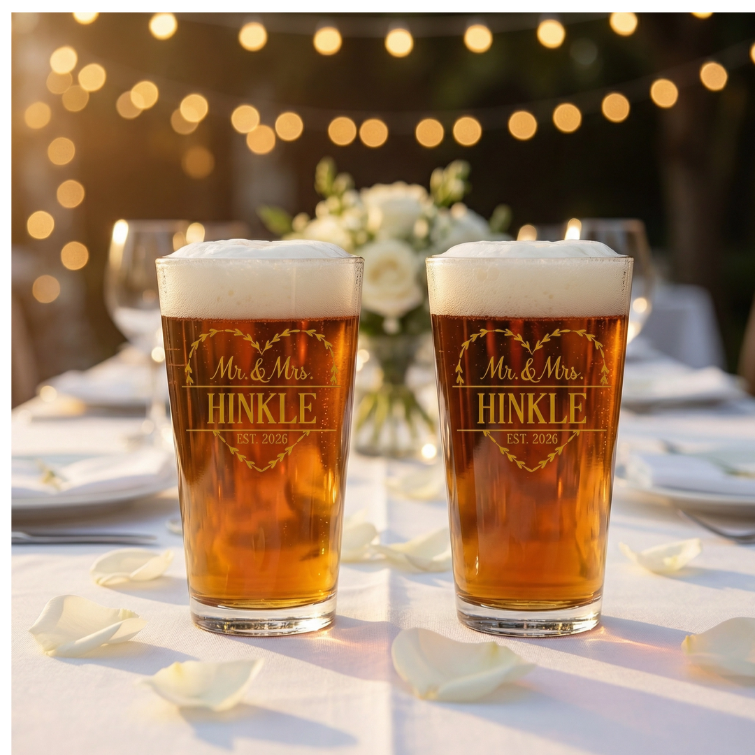 Personalized Heart Mr. & Mrs. Pint Glass Set | Custom Last Name Beer Glasses with Est. Date