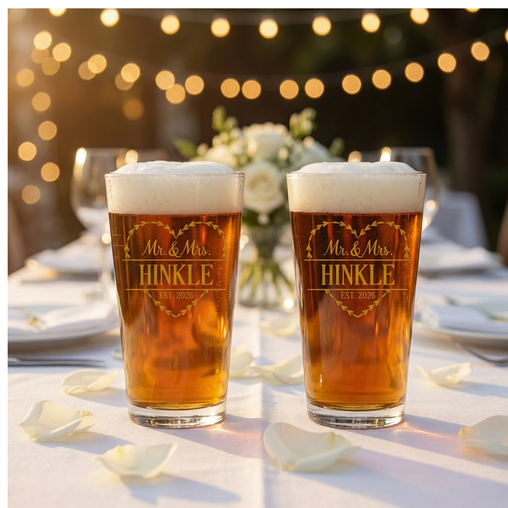 Personalized Heart Mr. & Mrs. Pint Glass Set | Custom Last Name Beer Glasses with Est. Date