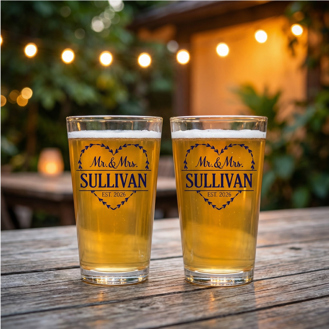 Personalized Heart Mr. & Mrs. Pint Glass Set | Custom Last Name Beer Glasses with Est. Date