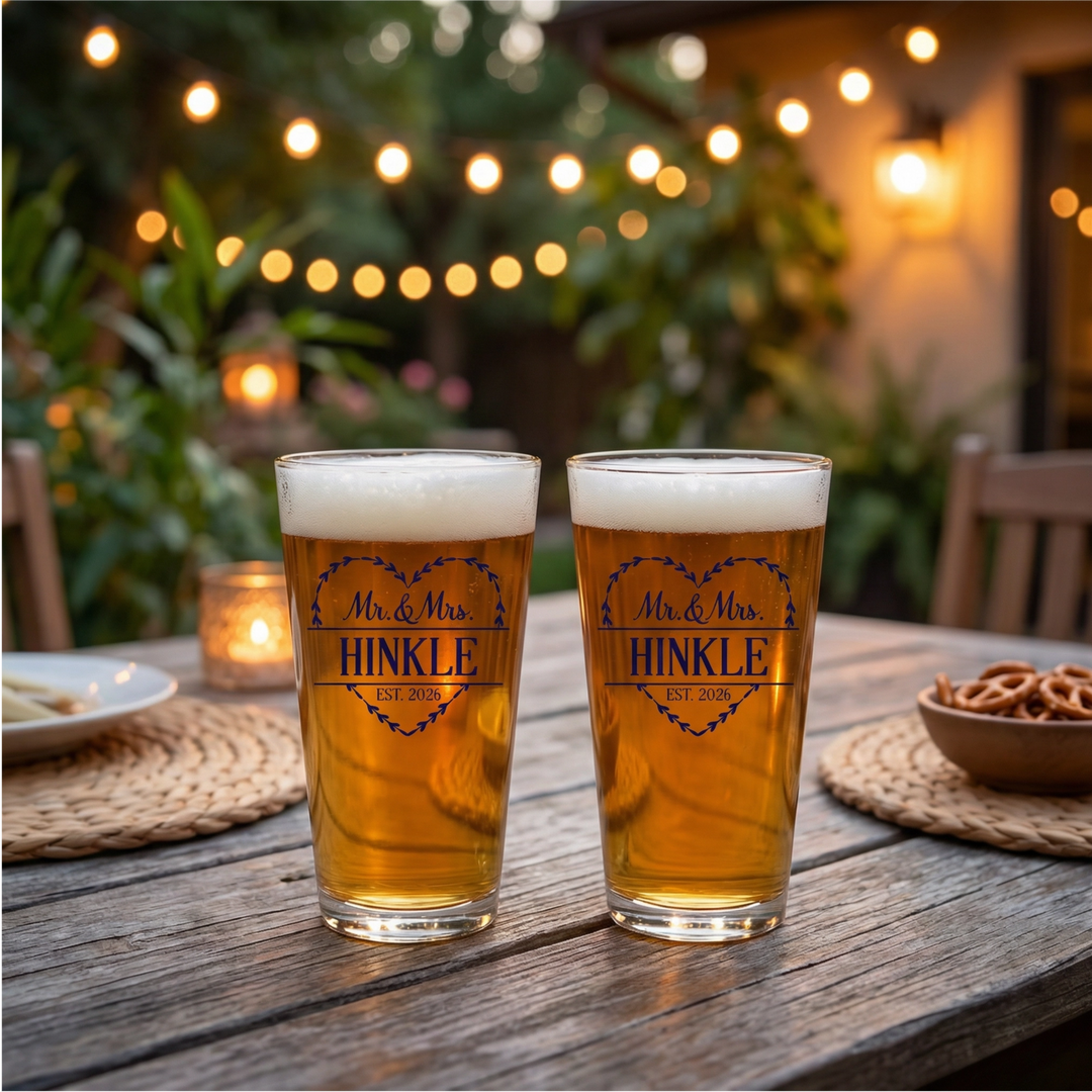 Personalized Heart Mr. & Mrs. Pint Glass Set | Custom Last Name Beer Glasses with Est. Date
