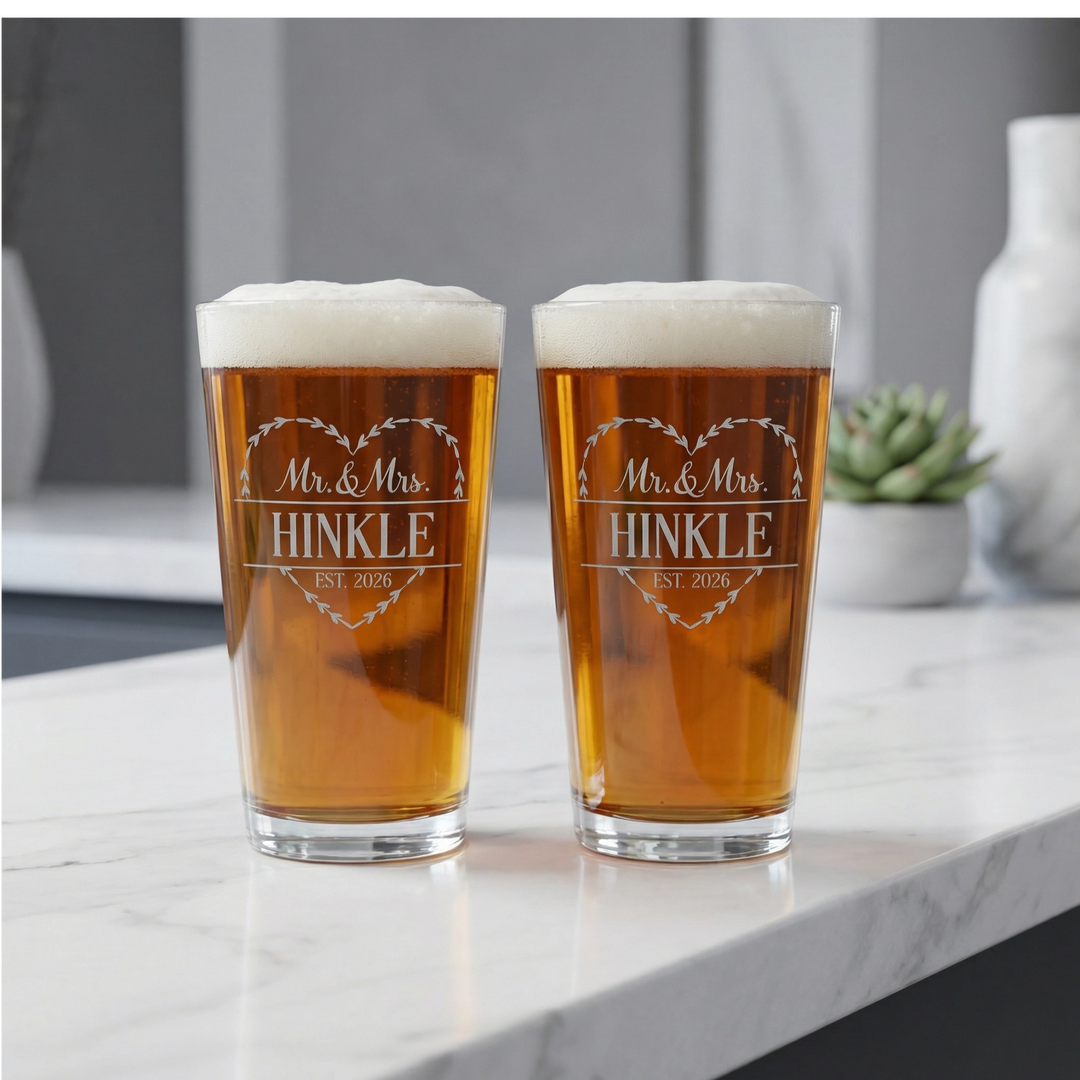 Personalized Heart Mr. & Mrs. Pint Glass Set | Custom Last Name Beer Glasses with Est. Date