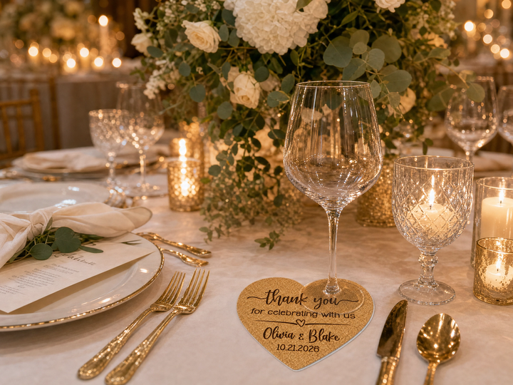 Thank you for Celebrating With Us Heart Cork Wedding Coasters | Personalized Wedding Favors