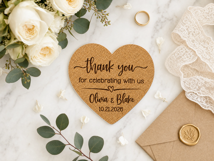 Thank you for Celebrating With Us Heart Cork Wedding Coasters | Personalized Wedding Favors