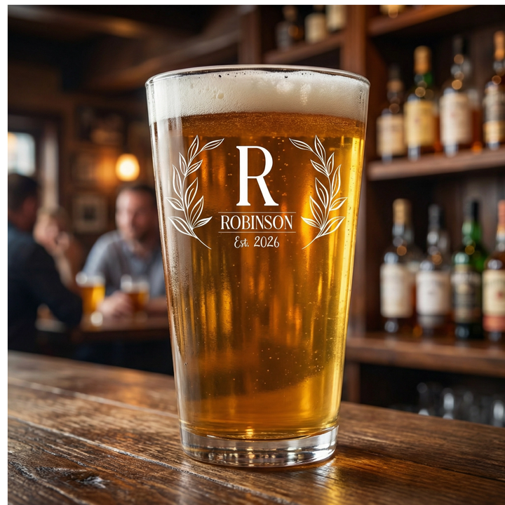 Heritage Laurel Monogram Pint Glass Set | Custom Last Name Beer Glasses