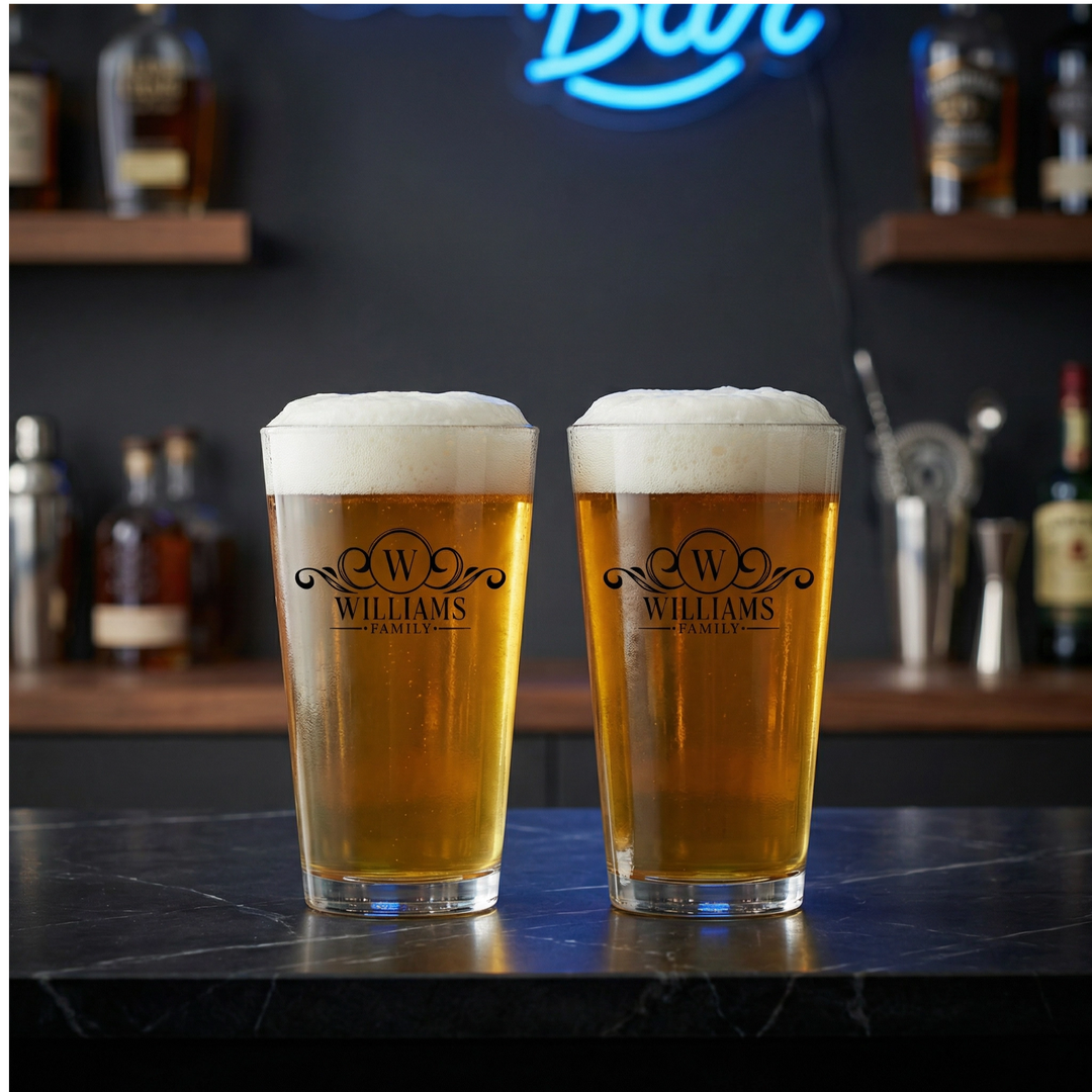 Personalized Family Name Pint Glass Set | Monogram Beer Glasses with Initial