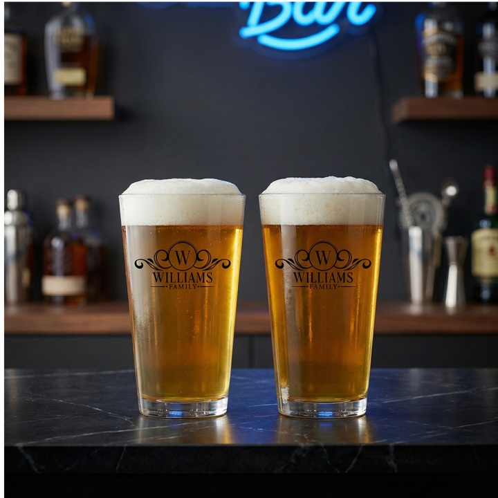 Personalized Family Name Pint Glass Set | Monogram Beer Glasses with Initial