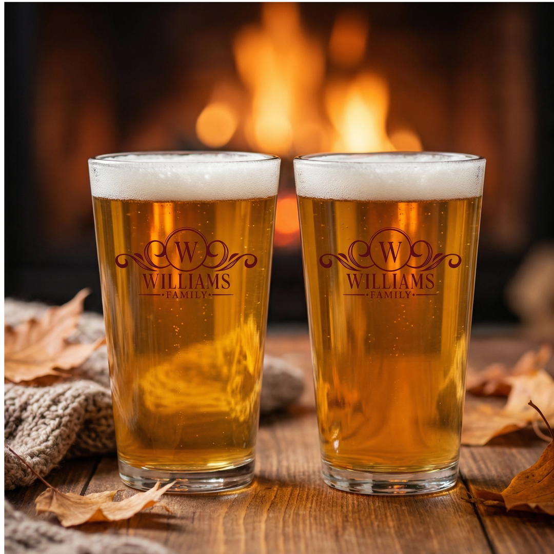 Personalized Family Name Pint Glass Set | Monogram Beer Glasses with Initial