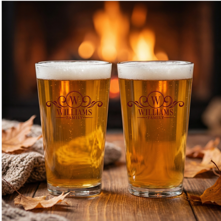 Personalized Family Name Pint Glass Set | Monogram Beer Glasses with Initial