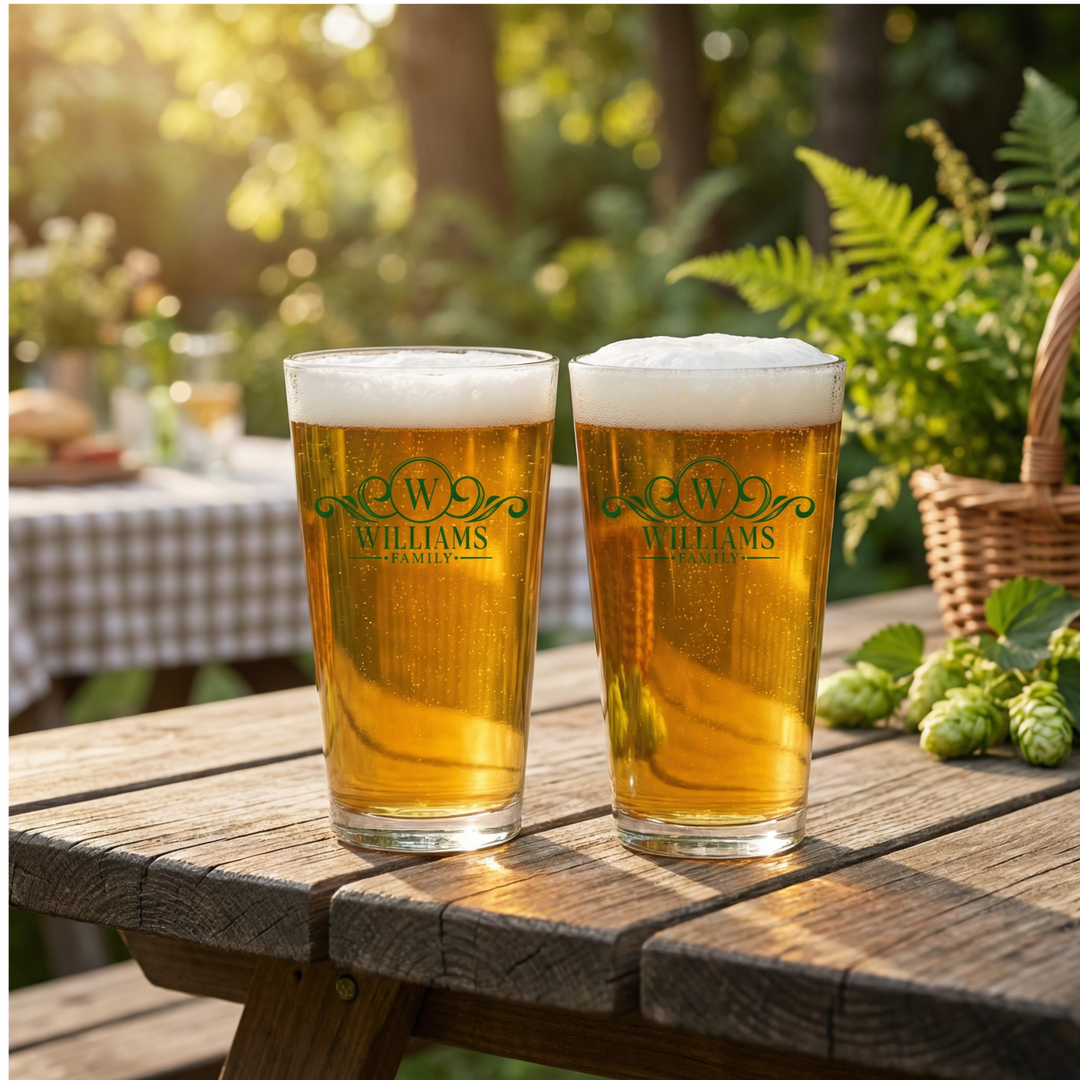 Personalized Family Name Pint Glass Set | Monogram Beer Glasses with Initial