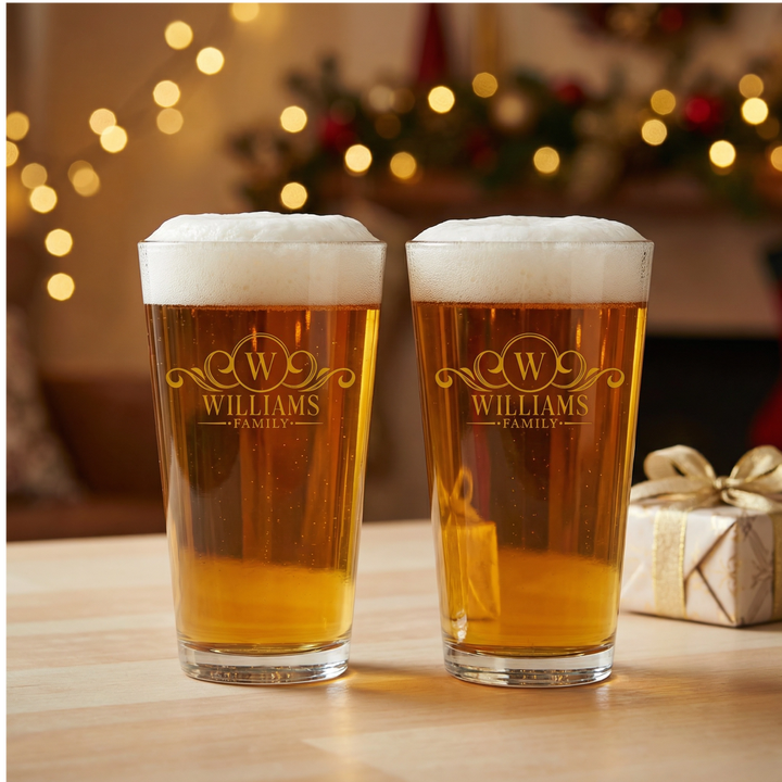 Personalized Family Name Pint Glass Set | Monogram Beer Glasses with Initial