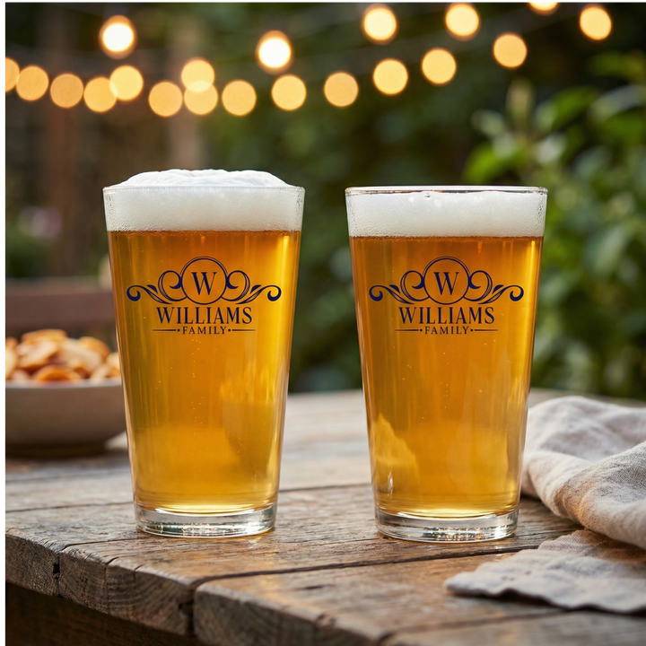 Personalized Family Name Pint Glass Set | Monogram Beer Glasses with Initial
