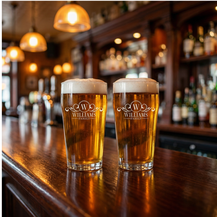 Personalized Family Name Pint Glass Set | Monogram Beer Glasses with Initial