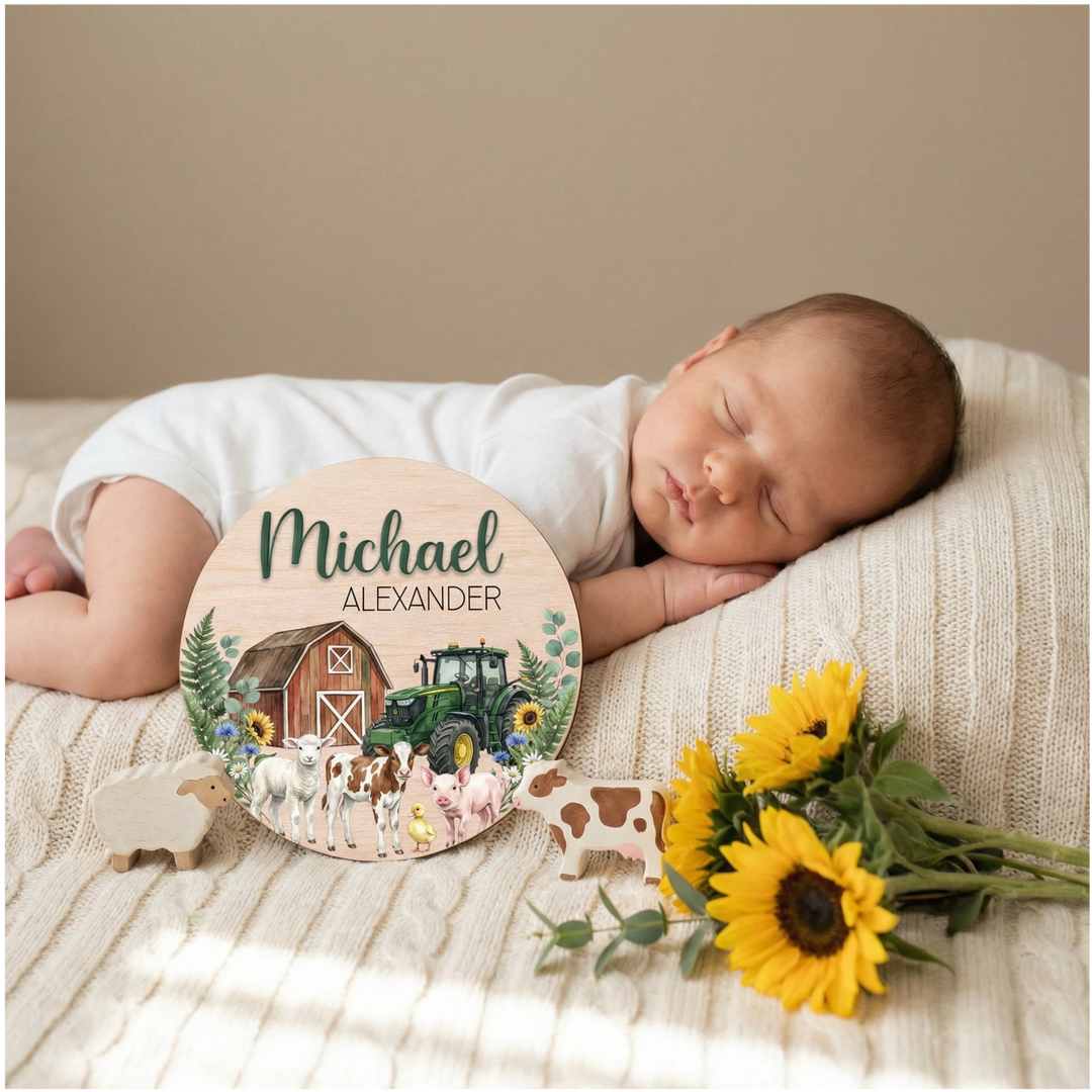 Custom Wooden Baby Name Sign | Barnyard Tractor Theme