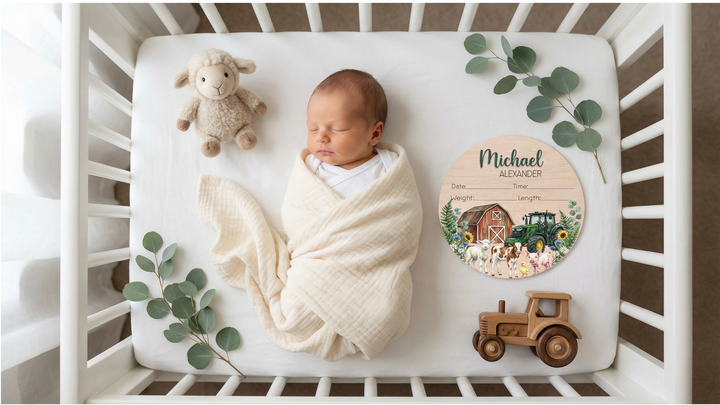 Personalized Farm Birth Announcement Sign | Custom Baby Name & Birth Stats Wood Round