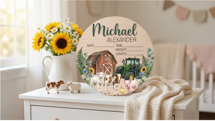 Custom Wooden Baby Name Sign | Barnyard Tractor Theme