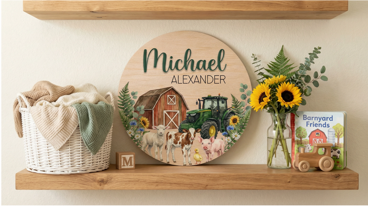 Custom Wooden Baby Name Sign | Barnyard Tractor Theme