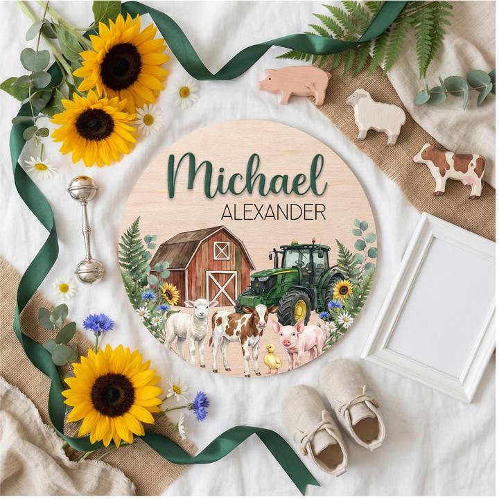 Custom Wooden Baby Name Sign | Barnyard Tractor Theme