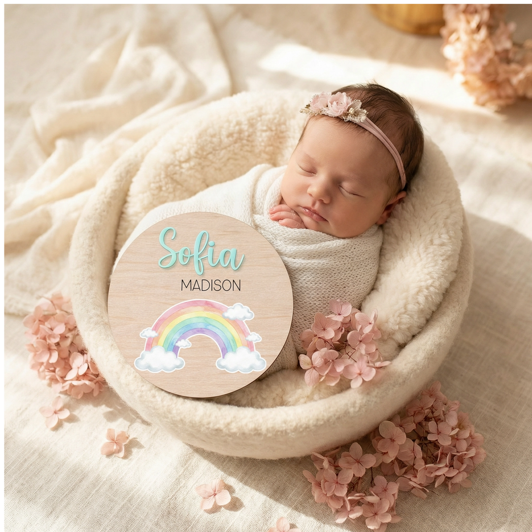 Personalized Rainbow Birth Announcement Sign | Wooden Baby Name Plaque