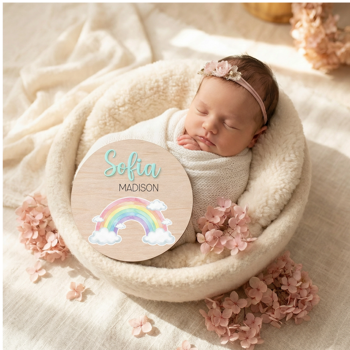Personalized Rainbow Birth Announcement Sign | Wooden Baby Name Plaque