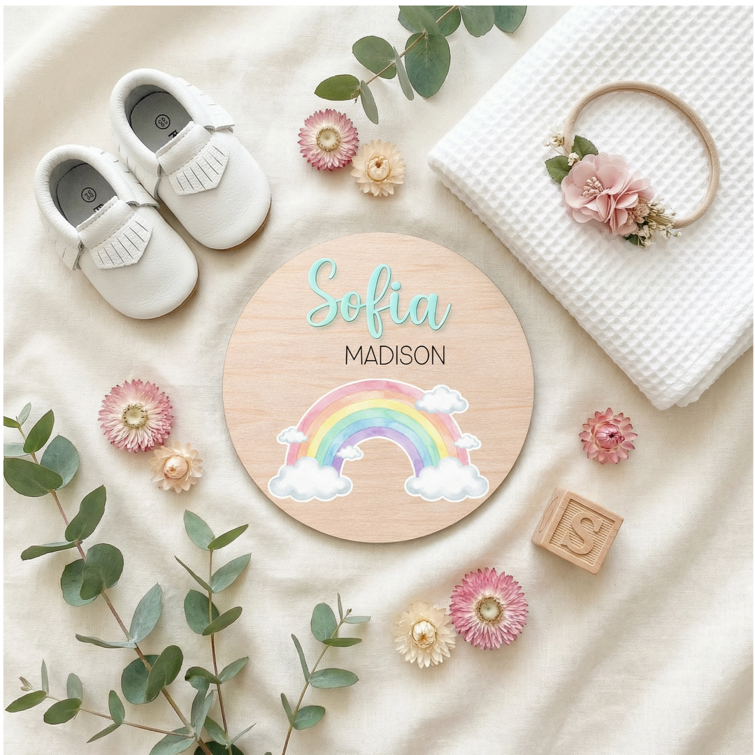 Personalized Rainbow Birth Announcement Sign | Wooden Baby Name Plaque