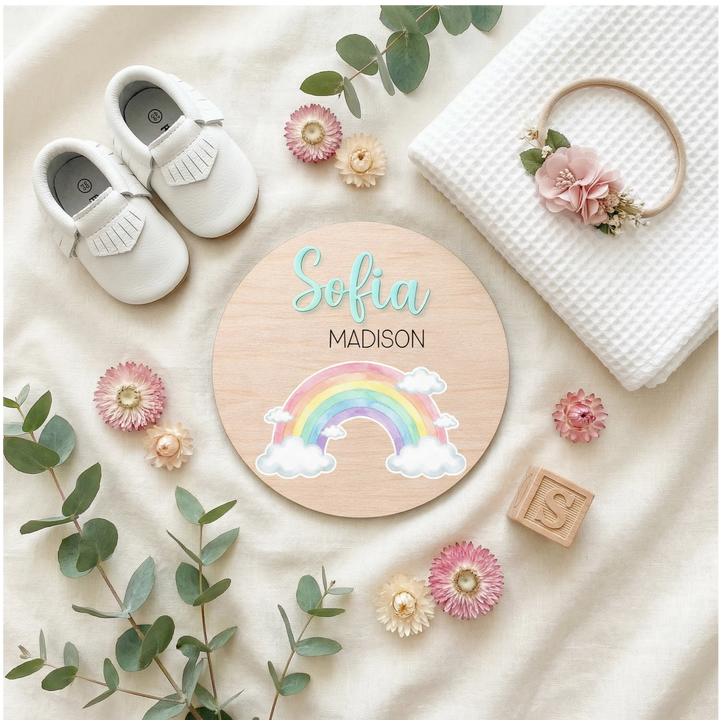Personalized Rainbow Birth Announcement Sign | Wooden Baby Name Plaque