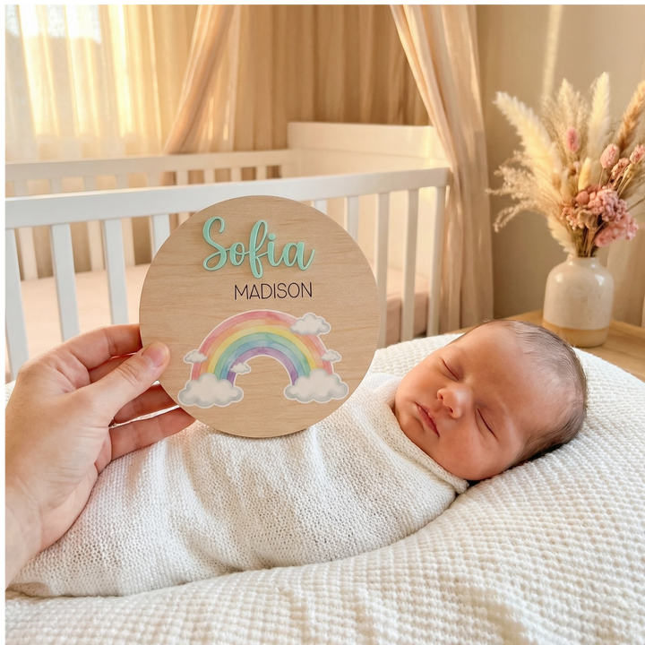 Personalized Rainbow Birth Announcement Sign | Wooden Baby Name Plaque