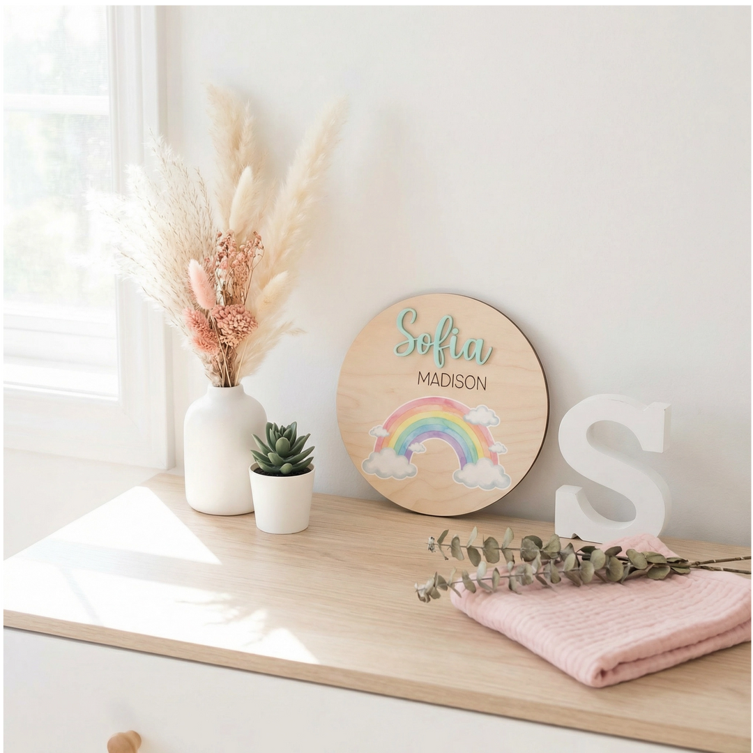 Personalized Rainbow Birth Announcement Sign | Wooden Baby Name Plaque