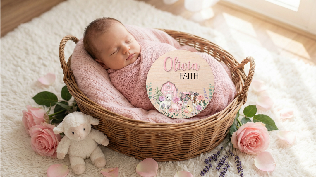 Baby Girl Barnyard Birth Announcement Plaque | Custom Wood Name Sign