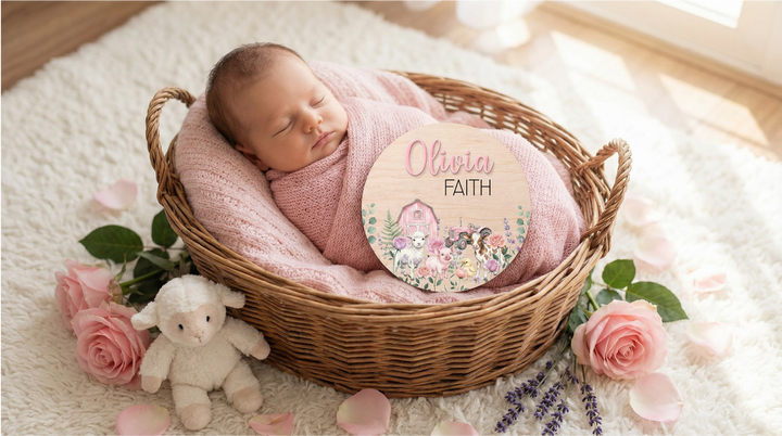 Baby Girl Barnyard Birth Announcement Plaque | Custom Wood Name Sign