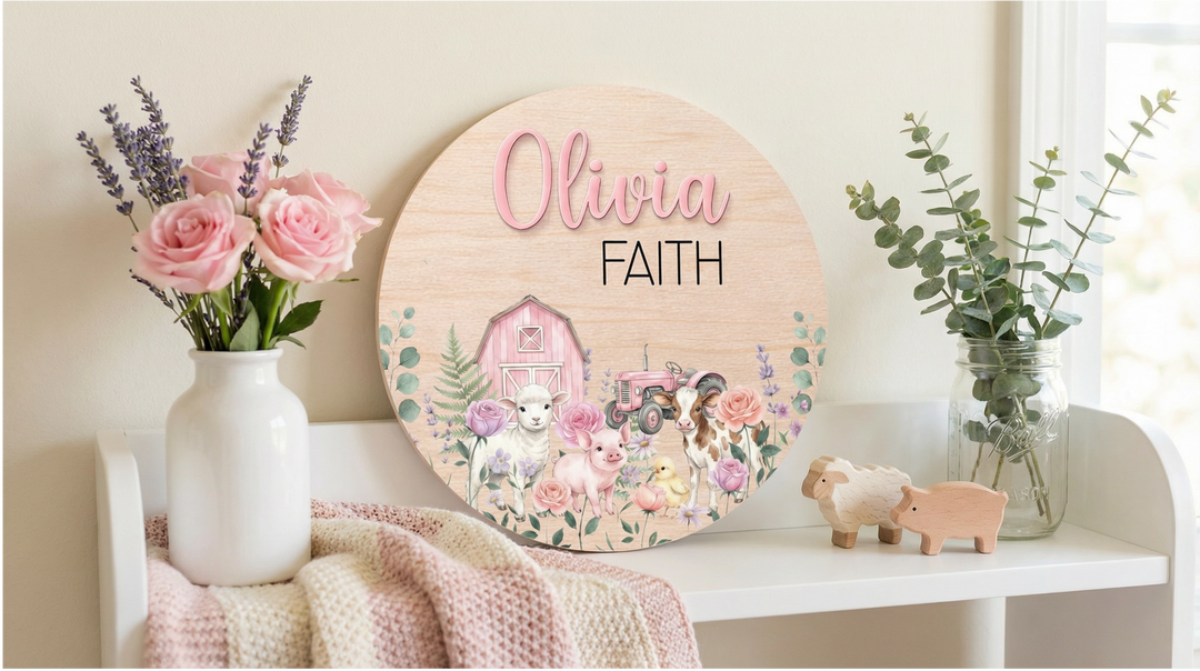 Baby Girl Barnyard Birth Announcement Plaque | Custom Wood Name Sign
