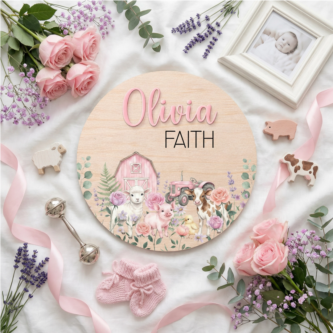 Baby Girl Barnyard Birth Announcement Plaque | Custom Wood Name Sign