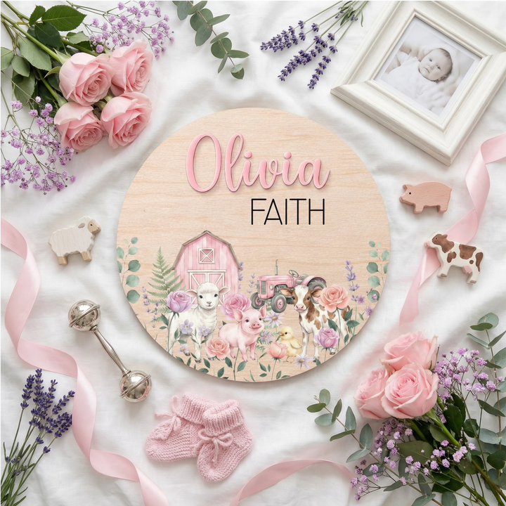 Baby Girl Barnyard Birth Announcement Plaque | Custom Wood Name Sign