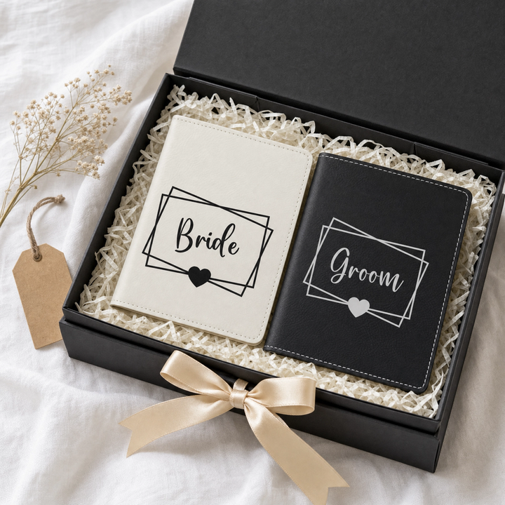 Bride & Groom Heart Passport Holder Set | Vegan Leather Honeymoon Travel Gift with Luggage Tags & Gift Box
